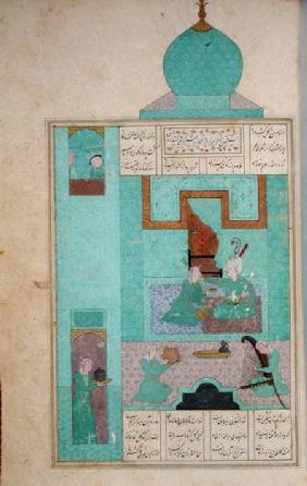 Ms D-212 fol.216a Bahram Visits a Princess in the Turquoise Pavilion, illustration to 'The Seven Pri