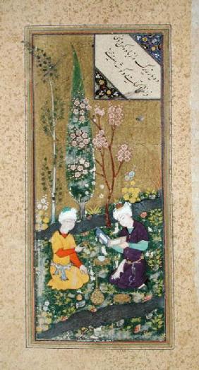 Ms C-860 fol.9a Two Figures Reading and Relaxing in an Orchard