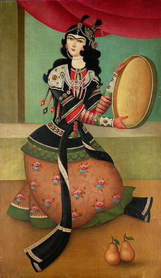 A Dancing Girl with a Tambourine, Qajar school (oil on canvas) od Persian School, (19th century)