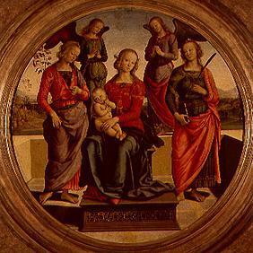Madonna surrounded of angels and saints sitting enthroned