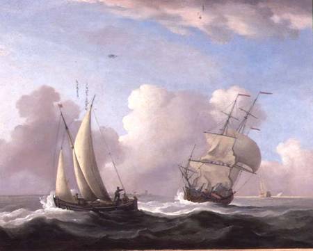 A Man-o'-War in a Swell and a Sailing Boat od Peter Monamy