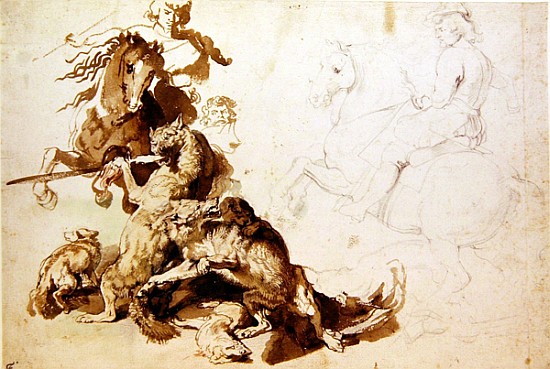 Sketch for a Wolf Hunt (pencil with w/c on paper) od Peter Paul Rubens