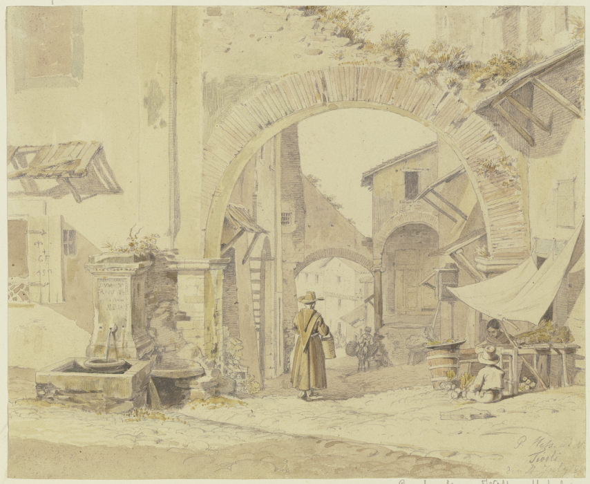 Straße in einem italienischen Städtchen (Tivoli), links ein Brunnen, rechts eine Gemüsehändlerin od Peter von Hess