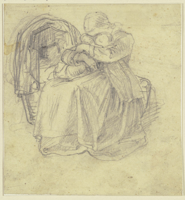 Ein Mädchen sitzt bei einer Wiege und hält mit beiden Armen umfaßt ein kleines Kind auf ihrem Schoß, od Philipp Rumpf