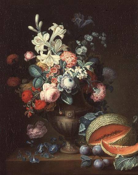 Still life of flowers in a classical vase with a cut melon, 1768 (one of a pair od Philippe Parpette