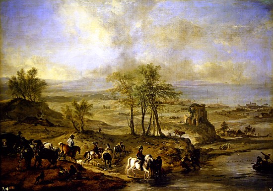 Departing for the hunt and fishing in the river od Philips Wouwermans or Wouwerman