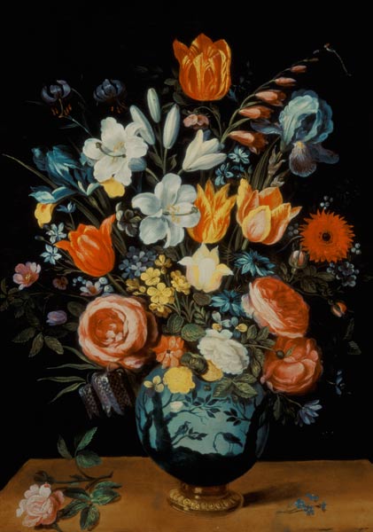 A Still Life of Flowers in a Porcelain Vase Resting on a Ledge od Phillipe de Marlier