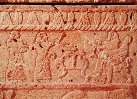 Relief depicting servants paying homage to the king, detail of the Sarcophagus of Ahiram, King of By od Phoenician