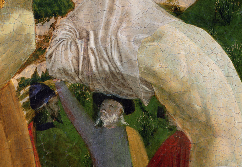 Baptism of Christ, detail of right hand section depicting a man preparing himself for baptism od Piero della Francesca