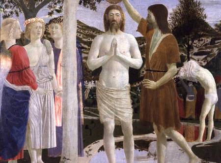 Baptism of Christ, detail of Christ, John the Baptist and angels od Piero della Francesca