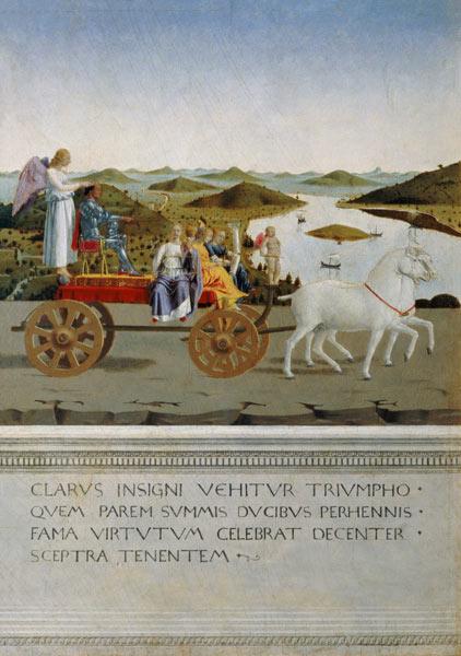 Von zwei Schimmeln gezog. Triumphwagen. Rückseite des Portr. Der Battista Sforza
