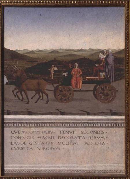 Triumph of Battista Sforza, Duchess of Urbino. Battista and her handmaiden, two Theological Virtues od Piero della Francesca