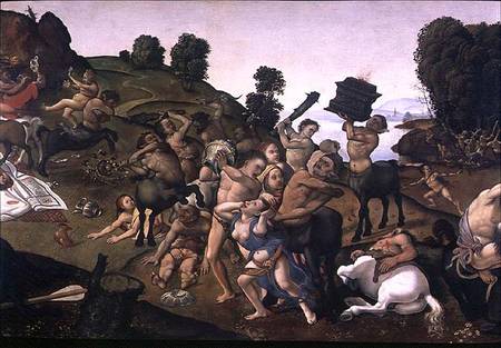 The Fight Between the Lapiths and the Centaurs, (detail of Centaurs attacking the Lapiths) c.1490's od Piero di Cosimo