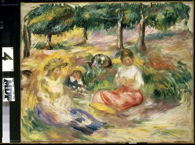Three young women in the greenery od Pierre-Auguste Renoir