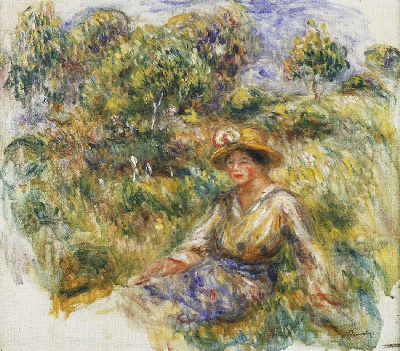 Frau mit blauem Hut auf einer Wiese (Femme en bleu en chapeau assise sur l'herbe) od Pierre-Auguste Renoir