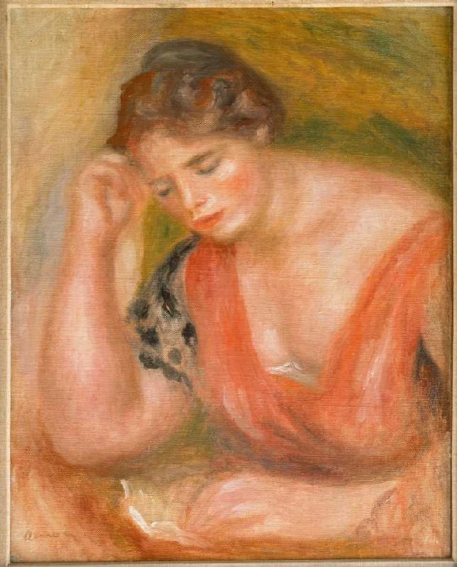 Reading young woman in red dress. od Pierre-Auguste Renoir