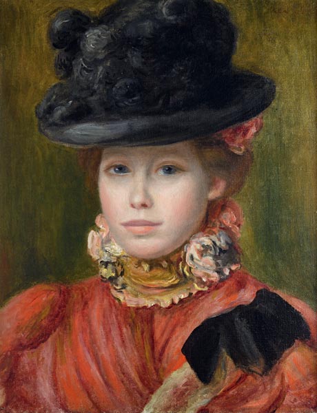 Girl in black hat with red flowers od Pierre-Auguste Renoir