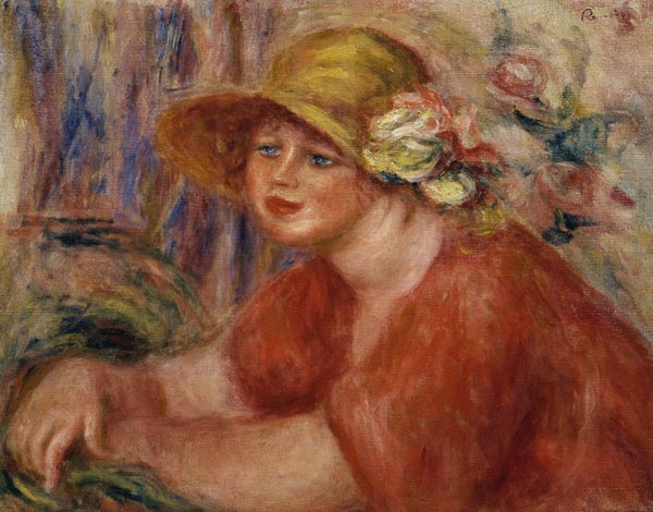 Portrait of a woman in a hat decorated with flowers od Pierre-Auguste Renoir