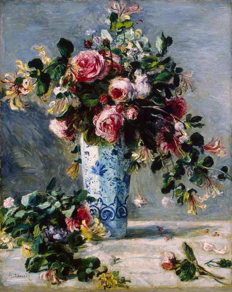 Roses and Jasmine in a Delft Vase od Pierre-Auguste Renoir