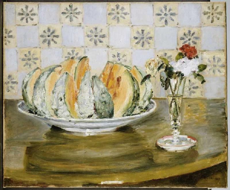 Stillleben mit Melone und einer Vase mit Blumen od Pierre-Auguste Renoir