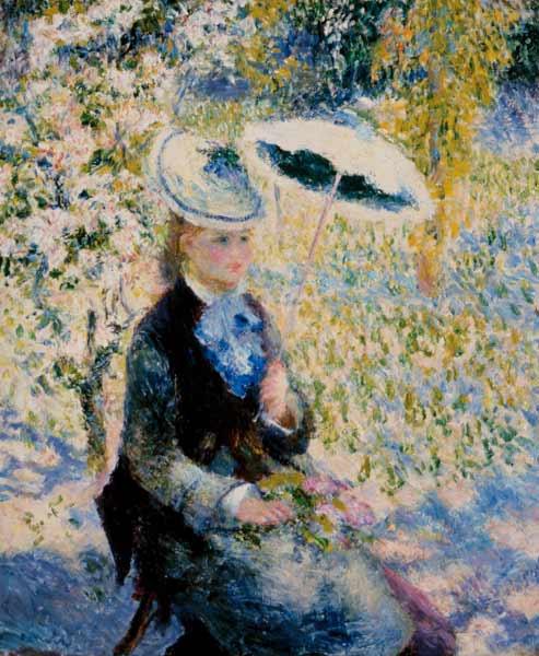 Woman with parasol between flowers