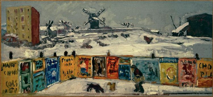 Bauzaun, mit Plakaten beklebt, und die alten Mühlen am Montmartre im Schnee od Pierre Bonnard