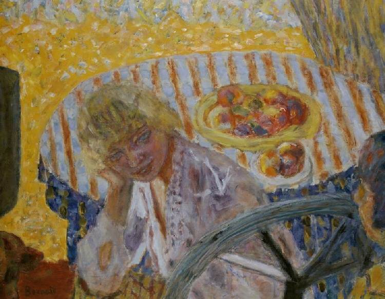 Young Woman with Striped Tablecloth od Pierre Bonnard