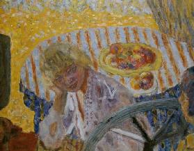 Young Woman with Striped Tablecloth