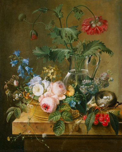 Roses, anemones in a glass vase, other flowers, cherries and bird's nest od Pierre Joseph Redouté