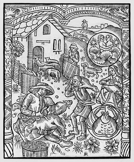 June, sheep shearing, Gemini, illustration from the ''Almanach des Bergers'', 1491 (xylograph) od Pierre Le Rouge