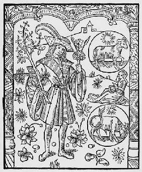 April, flowers, Aries, illustration from the ''Almanach des Bergers'', 1491 (xylograph)