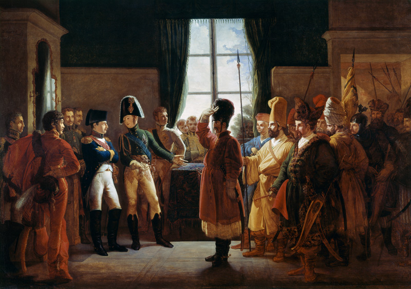 Tsar Alexander I presenting the Kalmyks, Cossacks and Bashkirs of Russian army to Napoleon I, Tilsit od Pierre-Nolasque Bergeret
