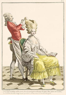 A Young Woman in a Peignoir with her Hairdresser, plate 31 from 'Galerie des Modes et Costumes Franc od Pierre Thomas Le Clerc