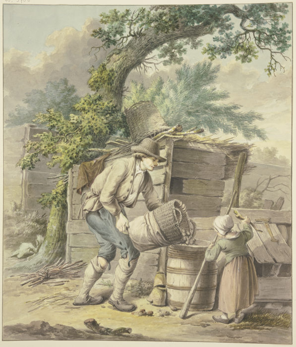 Ein Bauer schüttet Kartoffeln in ein Faß, dabei hilft ein Kind od Pieter Bartholomeusz. Barbiers