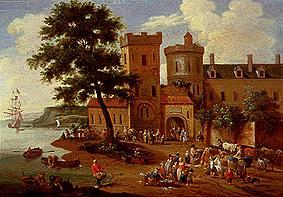 Landscape in front of a small castle with fisherman scene od Pieter Bout