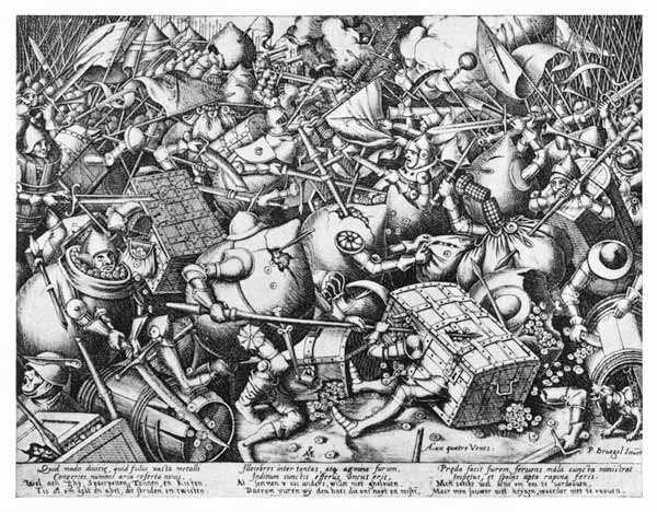 Kampf der Sparkassen gegen die Geldsäcke  (Repro nach Zeichnung von Pieter Bruegel d. Ä) od Pieter Brueghel d. Ä.