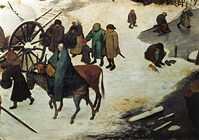 The national census to Bethlehem. Detail below middle (woman riding on a donkey) od Pieter Brueghel d. Ä.