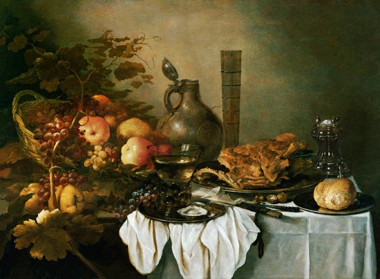 A Still Life With A Roemer, Oysters, A Roll And Meat On Pewter Plates, Fruit In And Around A Basket, od Pieter Claesz