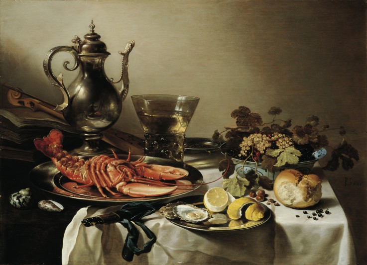Table with lobster, silver jug, big Berkemeyer, fruit bowl, violin and books od Pieter Claesz