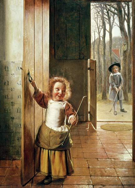 Children in a Doorway with 'Colf' Sticks od Pieter de Hooch