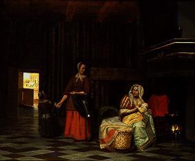 Woman with child at the chest and service maid. od Pieter de Hooch