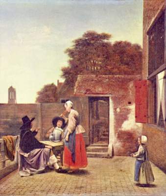 Court with two officers and drinking woman od Pieter de Hooch