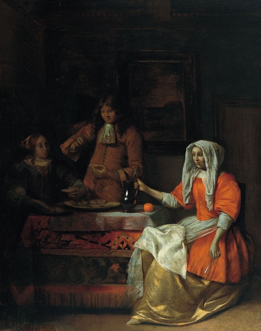Interior with Two Women and a Man Drinking and Eating Oysters od Pieter de Hooch
