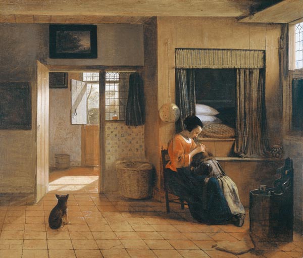 Mutterpflichten (Interieur mit Mutter, die Haare ihres Kindes nach Läusen absuchend) od Pieter de Hooch