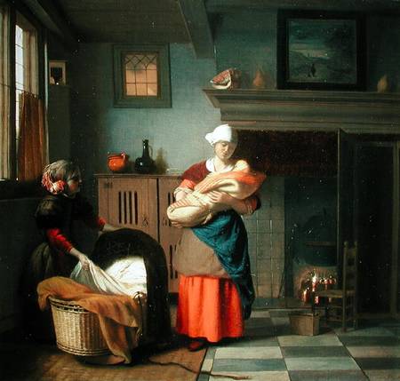 Nursemaid with baby in an interior and a young girl preparing the cradle od Pieter de Hooch