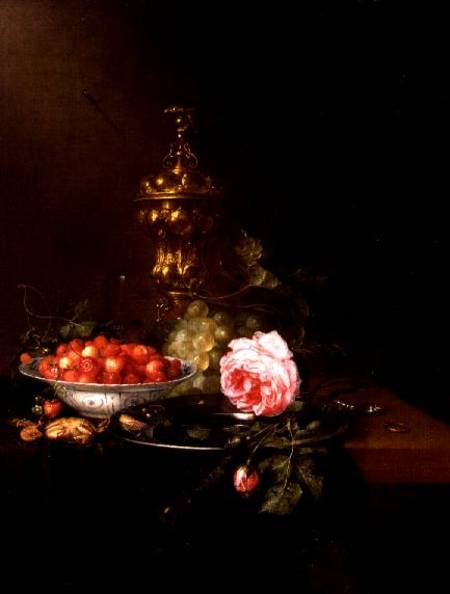 Still Life with a Bowl of Strawberries and a Rose od Pieter de Ring