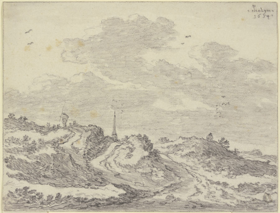 Hügeliges Terrain mit Schafherde und Schäfer, in der Ferne ein Kirchturm od Pieter Molyn d. Ä.