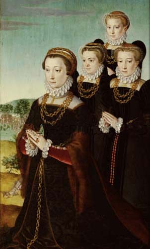 Die Frau des Stifters Anselm Boetius, Johanna Voet, mit drei Töchtern od Pieter Pourbus