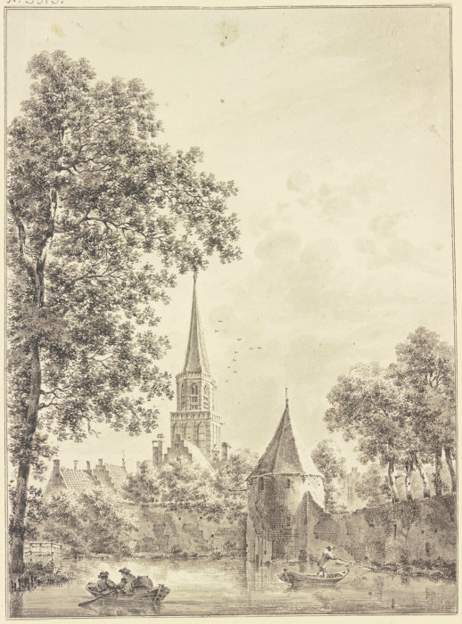 Wassergraben an der Stadtmauer mit einem runden Turm, hinten die Kirche, auf demselben zwei Kähne od Pieter van Liender