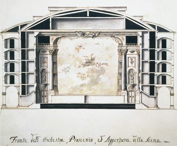 Cross section view of a theatre on the Grand Canal showing the stage and orchestra od Pietro Bianchi